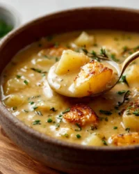 Bowl of creamy cheesy potato soup topped with cheddar cheese and chives