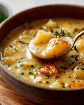Bowl of creamy cheesy potato soup topped with cheddar cheese and chives