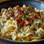 Bowls of chicken buttered noodles garnished with parsley and spices