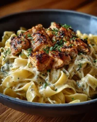 Bowls of chicken buttered noodles garnished with parsley and spices