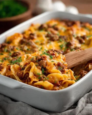 Creamy beef and mushroom casserole served in a baking dish