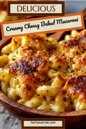 Delicious creamy cheesy baked macaroni served in a bowl