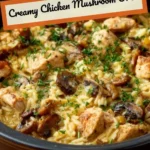 Creamy chicken mushroom orzo in a bowl, garnished with herbs.