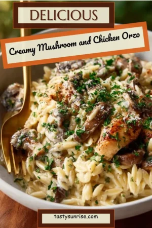 Creamy mushroom chicken orzo dish served in a bowl with fresh herbs