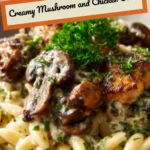 Creamy mushroom and chicken orzo dish garnished with parsley
