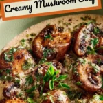 Bowl of creamy mushroom soup garnished with herbs and served with crusty bread