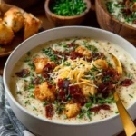 Bowl of creamy potato soup garnished with herbs and served with bread