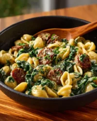 Creamy spinach mushroom tortellini dish served in a bowl with herbs
