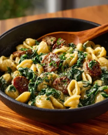 Creamy spinach mushroom tortellini dish served in a bowl with herbs