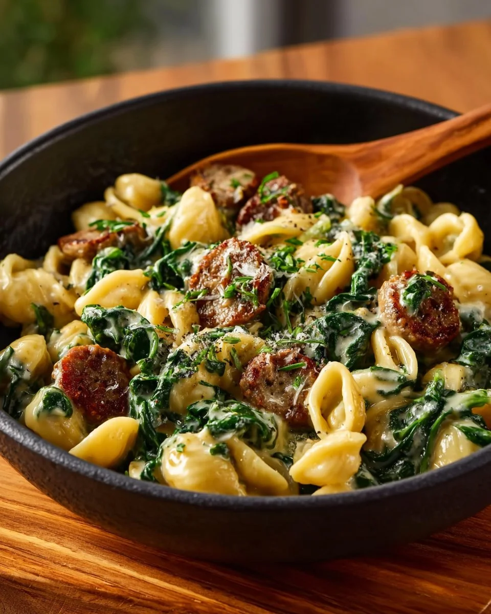 Creamy spinach mushroom tortellini dish served in a bowl with herbs