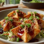 Crispy chicken wonton tacos with fresh toppings on a wooden table.