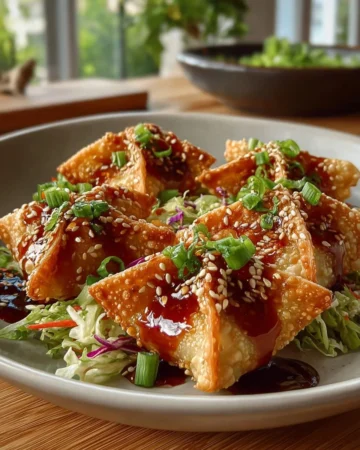 Crispy chicken wonton tacos with fresh toppings on a wooden table.