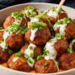 Delicious Crock Pot Buffalo Ranch Meatballs served on a platter.