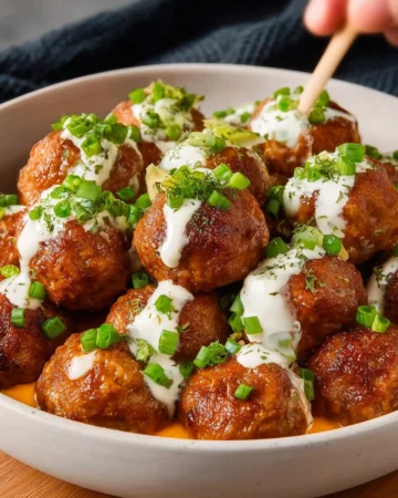 Delicious Crock Pot Buffalo Ranch Meatballs served on a platter.