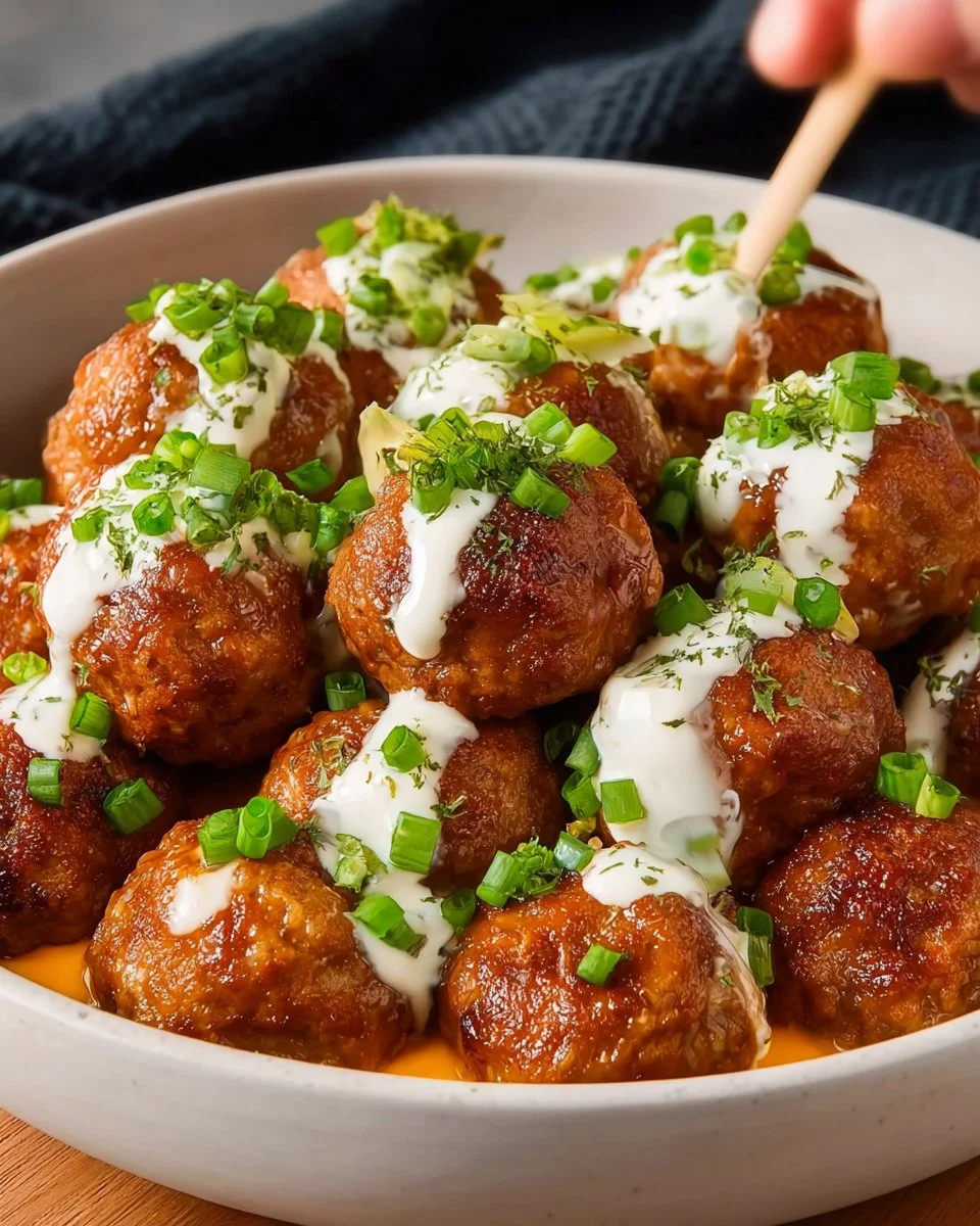 Delicious Crock Pot Buffalo Ranch Meatballs served on a platter.