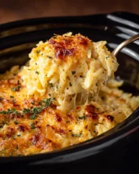 Crock Pot Hash Brown Casserole with cheese and crispy topping