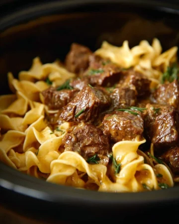Delicious Crockpot Beef Stroganoff served with noodles and garnished with parsley.