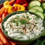 Colorful crudités platter with assorted vegetables and herb dip