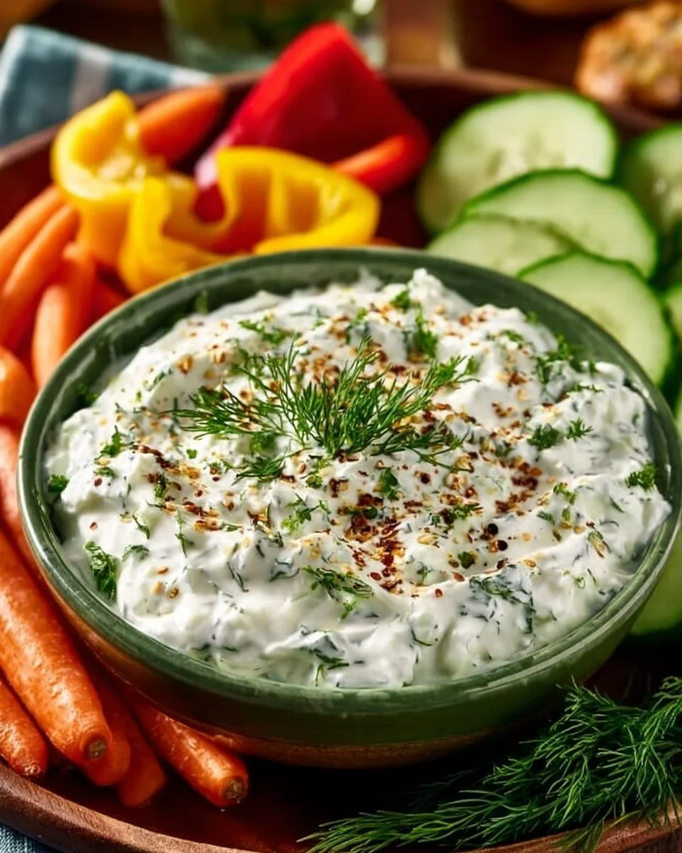 Colorful crudités platter with assorted vegetables and herb dip
