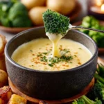 Delicious cheese fondue served with bread and vegetables for dipping