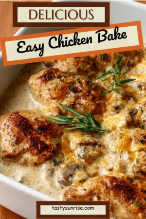 Easy chicken bake dish with a golden crust and tasty filling