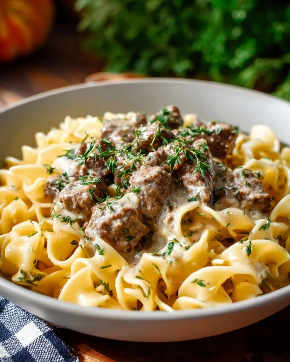 Delicious easy ground beef stroganoff served in a bowl with noodles