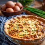 Easy loaded baked potato quiche topped with cheese and chives on a plate