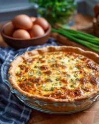 Easy loaded baked potato quiche topped with cheese and chives on a plate