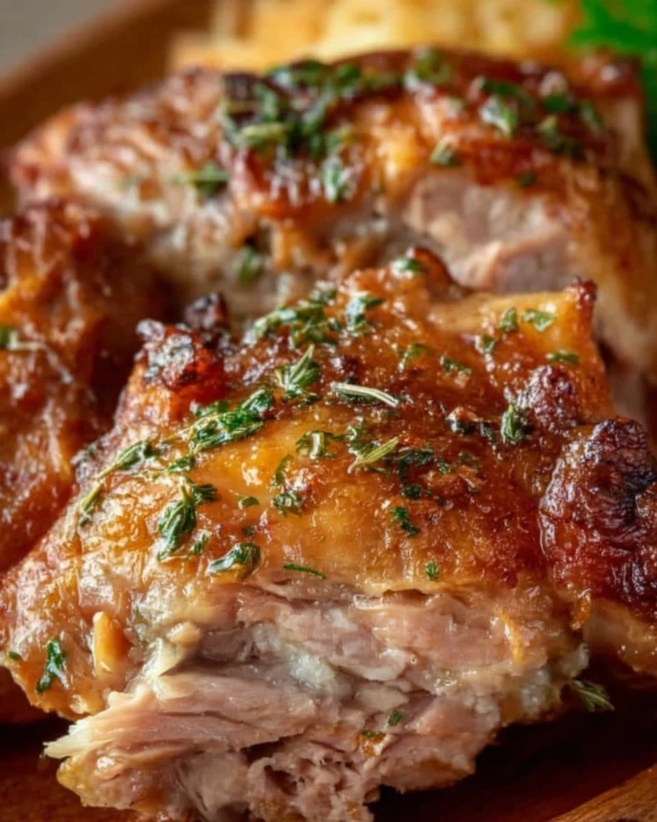 Deliciously prepared easy roasted turkey thighs garnished with herbs