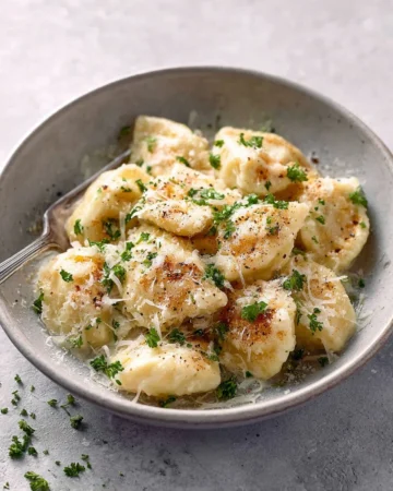 A bowl of creamy Easy Tortellini Alfredo topped with parsley