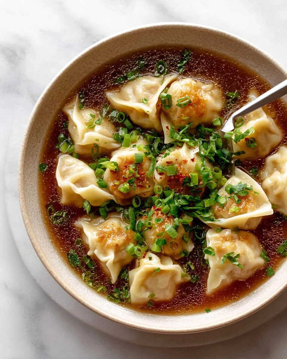 Bowl of easy wonton soup with fresh ingredients and garnished greens