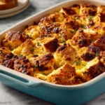 Delicious fluffy egg strata baked with cheese and vegetables.