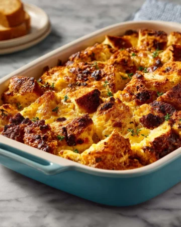 Delicious fluffy egg strata baked with cheese and vegetables.