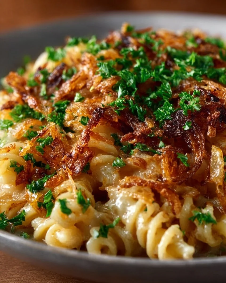 Delicious French Onion Chicken Orzo Casserole topped with melted cheese
