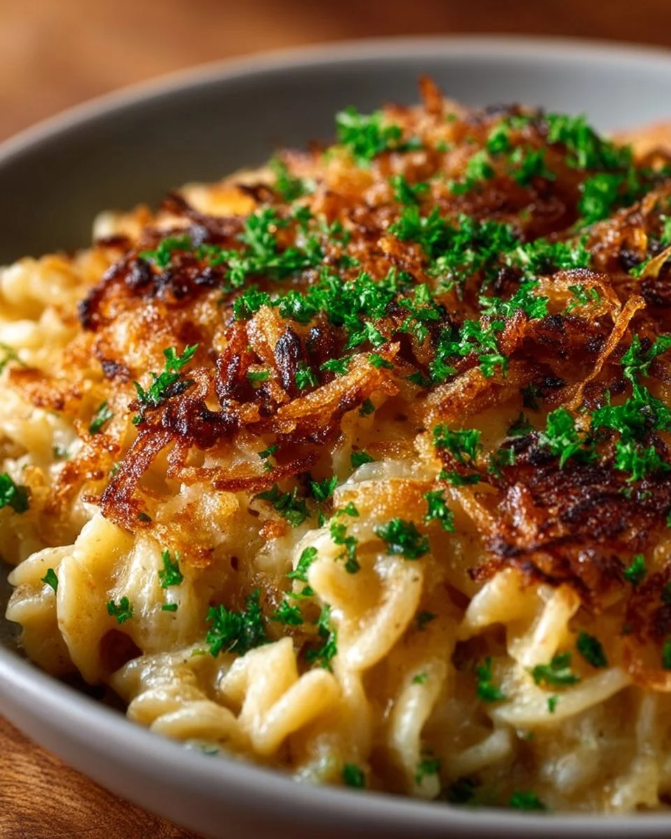 French Onion Chicken Orzo Casserole topped with melted cheese and herbs.