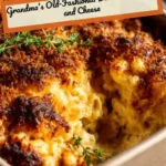 Baked macaroni and cheese in a dish, creamy and golden brown topping.