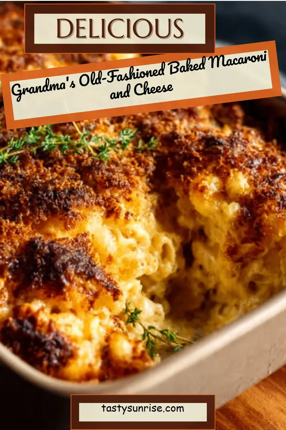 Baked macaroni and cheese in a dish, creamy and golden brown topping.