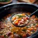 Bowl of homemade ham and bean soup with herbs and vegetables