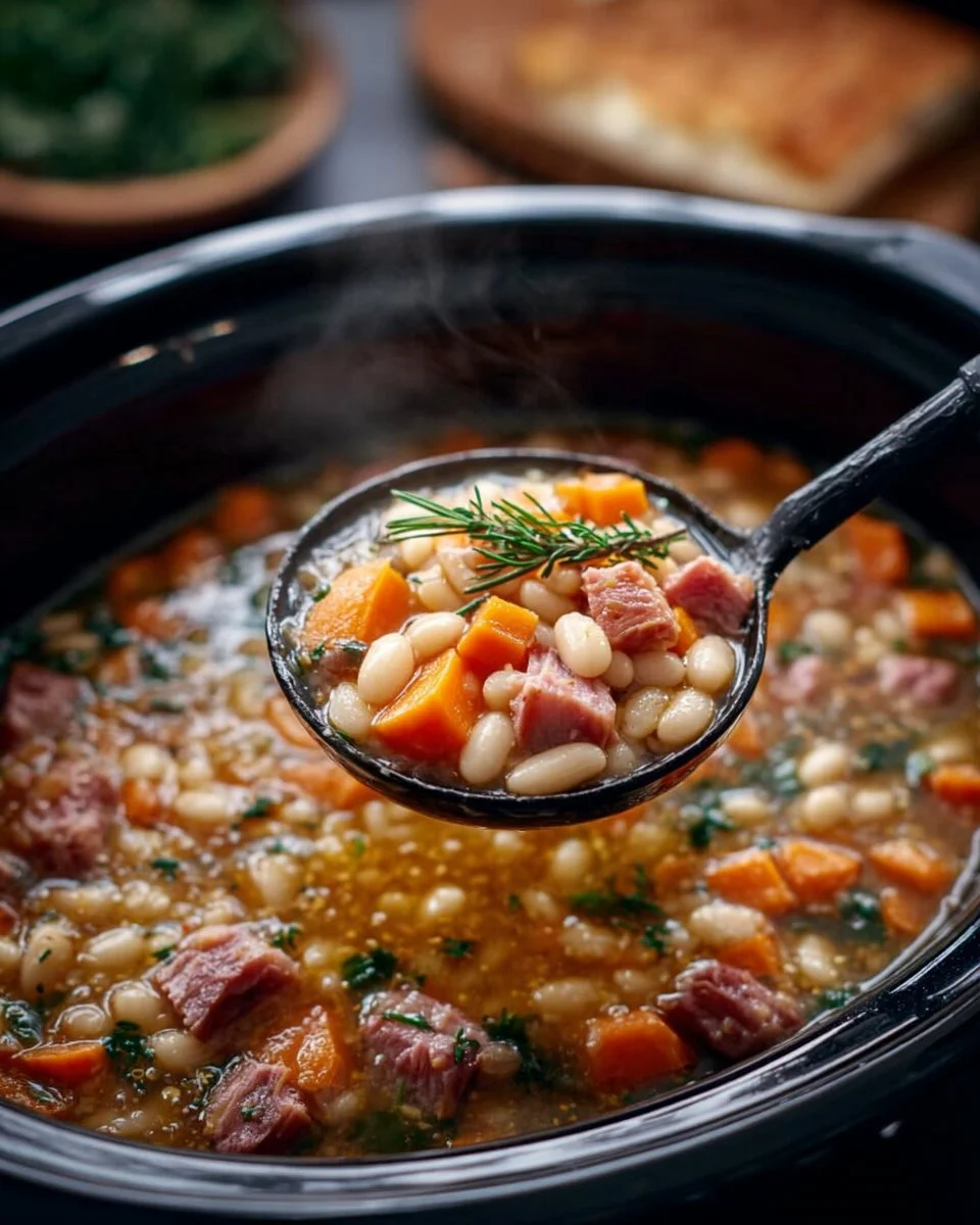 Bowl of homemade ham and bean soup with herbs and vegetables