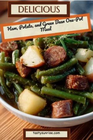 Ham, potato, and green bean one-pot meal cooked in a single pot