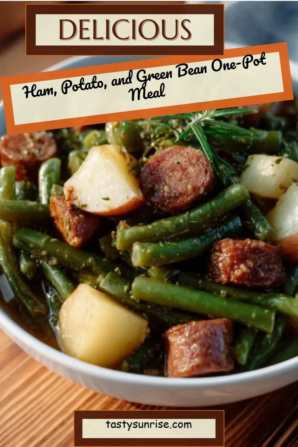 Ham, potato, and green bean one-pot meal cooked in a single pot