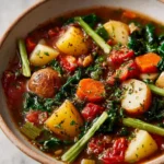 Bowl of hearty vegetable soup made with fresh vegetables and herbs