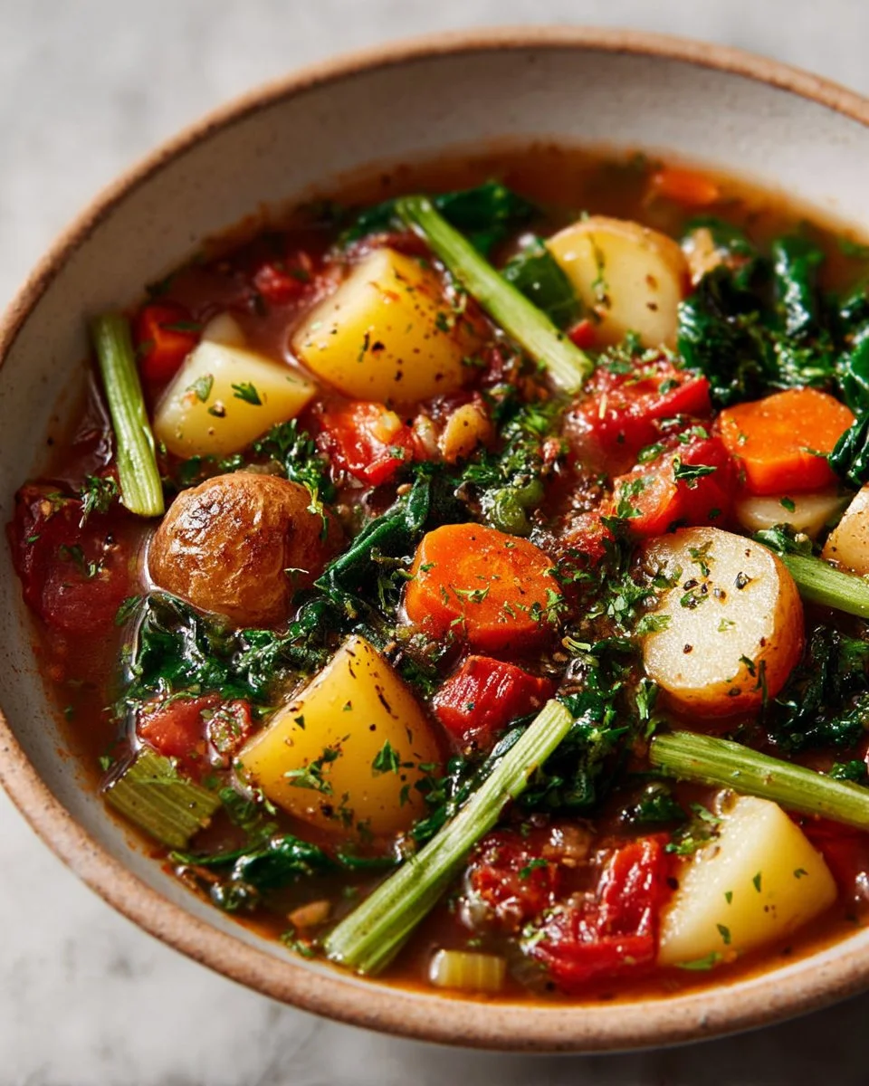 Bowl of hearty vegetable soup made with fresh vegetables and herbs