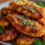 Delicious homemade baked chicken tenders served on a plate with dipping sauce