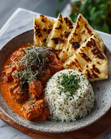 Plate of homemade butter chicken served with rice and naan bread