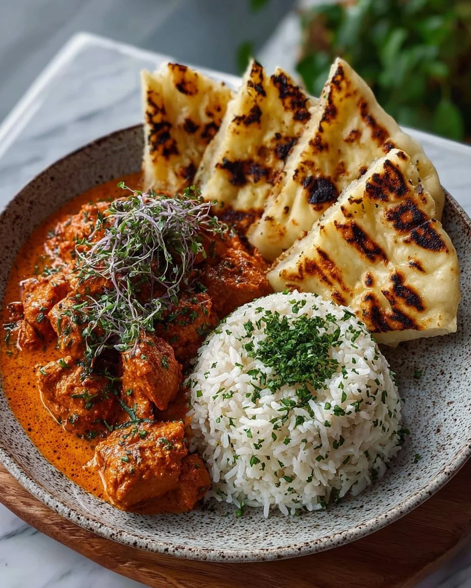 Plate of homemade butter chicken served with rice and naan bread