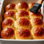 Freshly baked homemade dinner rolls on a wooden table