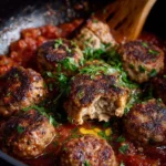 Homemade Italian meatballs simmering in rich marinara sauce.