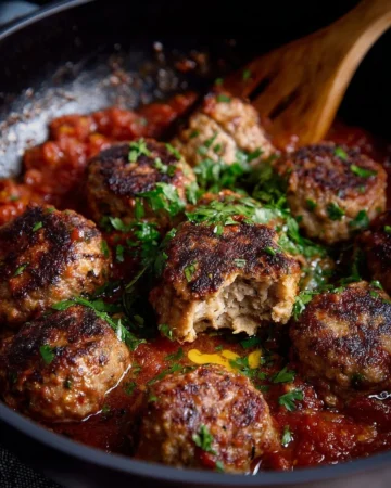 Homemade Italian meatballs simmering in rich marinara sauce.