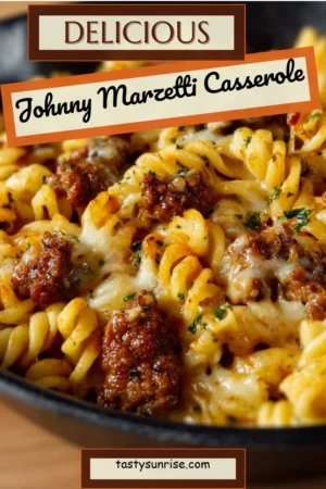 Homemade Johnny Marzetti casserole ready to serve with cheese and pasta.